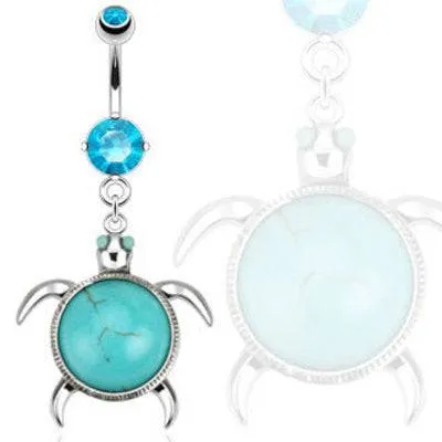 Blue Semi Precious Turquoise Turtle Dangle Surgical Steel Belly Button Navel Ring