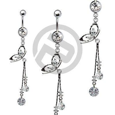 Clear CZ Gem Butterfly with Chain Drop Dangle Belly Button Navel Ring