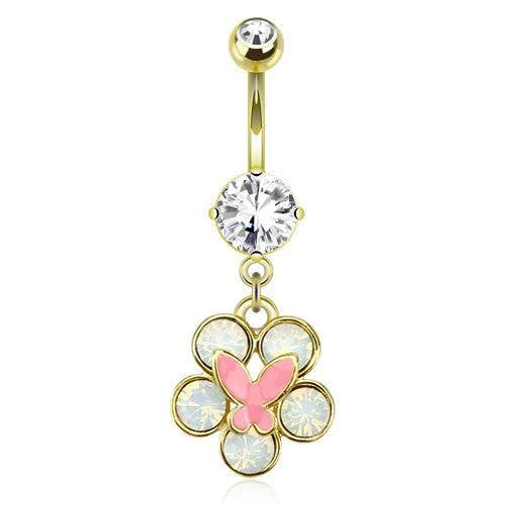 Clear Surgical Steel Dangling Belly Button Navel Ring with Pink Butterfly on Flower