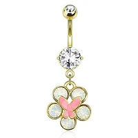 Clear Surgical Steel Dangling Belly Button Navel Ring with Pink Butterfly on Flower