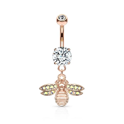 Cute Small CZ Dangle Bumble Bee Rose Gold PVD Surgical Steel Belly Ring