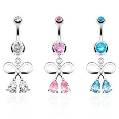 Cute Surgical Steel Belly Button Navel Ring with Dangling Ribbon Teardrop CZs