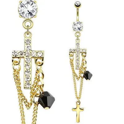 CZ Cross and Chain Bead 14kt Gold Plated Dangling Belly Button Navel Ring