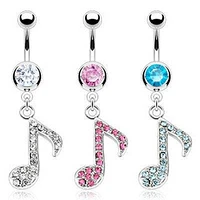CZ Gem Paved Musical Music Note Surgical Steel Belly Button Navel Ring