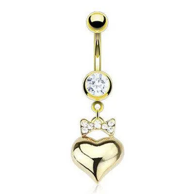 CZ Ribbon Bow Gold Plated Heart Dangle Surgical Steel Belly Button Navel Ring
