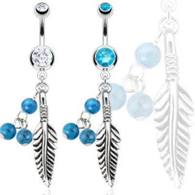 Dangling Blue Turquoise Stone and Feather Belly Button Navel Ring