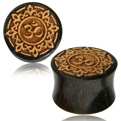 Double Flared Hand Carved Ohm Design Wood Ear Gauges Plugs