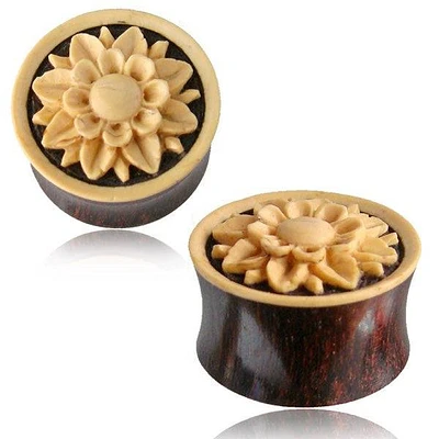 Double Flared Organic Brown Tamarind Wood with Hand Carved Flower Coco Shell Ear Gauges