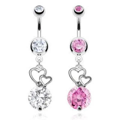 Double Heart with Prong CZ Gem Stone Dangling Belly Button Navel Ring