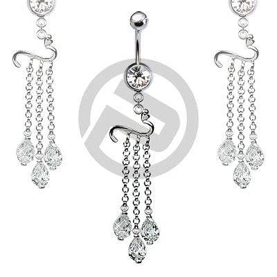 Fancy Clear CZ 3 Drop Chain Dangle Belly Button Navel Ring
