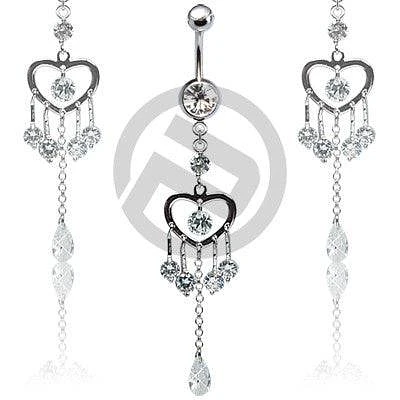 Fancy Clear CZ Heart with Gem Drop Belly Button Navel Ring