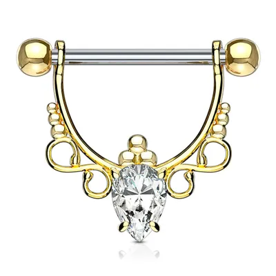 Gold IP Surgical Steel with White Pear CZ Dangle Nipple Ring Barbell