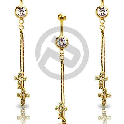 Gold Plated 2 Dangle Religious Cross Clear CZ Drop Dangle Belly Button Navel Ring