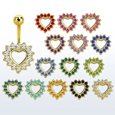 Gold Plated 316L Surgical Steel Non Dangle Heart CZ Encrusted Belly Ring