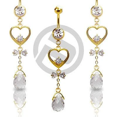 Gold Plated Clear CZ Heart and Bow Dangle Belly Button Navel Ring