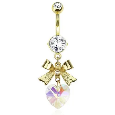 Gold Plated Clear Gem Ribbon with Crystal Heart Dangling Belly Button Navel Ring
