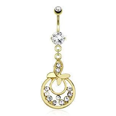 Gold Plated over Surgical Steel Belly Button Navel Ring Bar with Dangling Leaf with Paved CZs