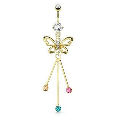 Gold Plated over Surgical Steel Multi Color CZ Butterfly Strands Dangling Belly Button Navel Ring