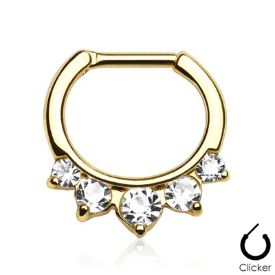 Gold Plated Prong Set 5 Gem White Clear CZ 316L Surgical Steel Bar Septum Ring Clicker