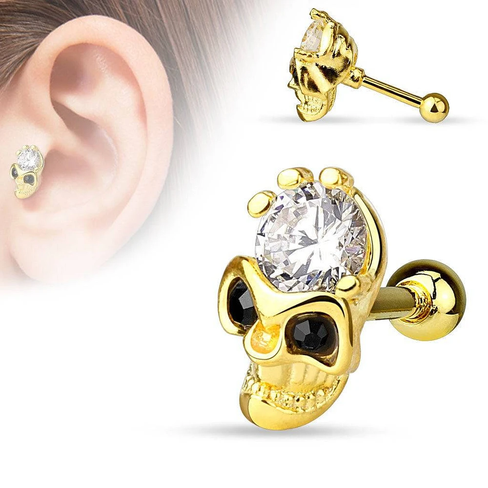 Gold Plated Surgical Steel Black & White CZ Skull Cartilage Barbell