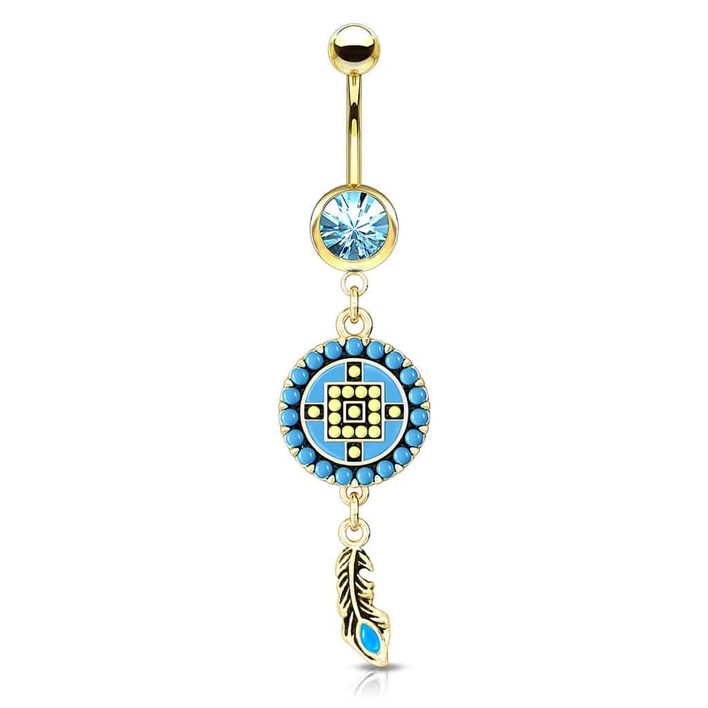 Gold Plated Surgical Steel Boho Blue Turquoise Aztec Feather Dangle Belly Ring