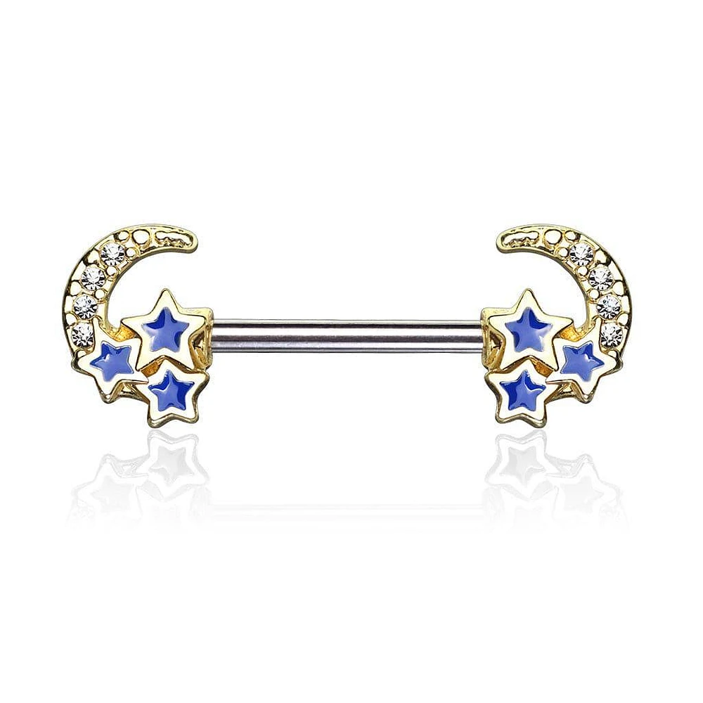 Gold Plated Surgical Steel Crescent Moon & Blue Stars Nipple Ring Barbell