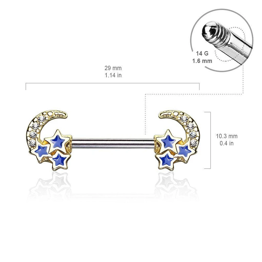 Gold Plated Surgical Steel Crescent Moon & Blue Stars Nipple Ring Barbell