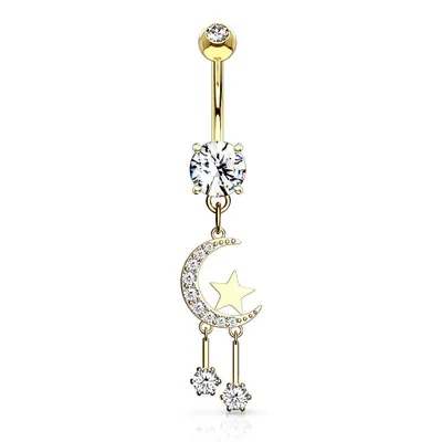 Gold Plated Surgical Steel Crescent Moon & Star Dangle Belly Button Ring