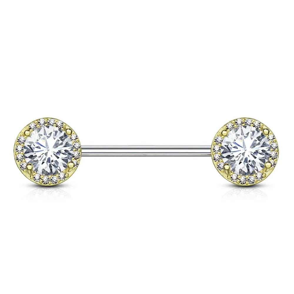 Gold Plated Surgical Steel CZ Centre Pave Nipple Ring Barbell