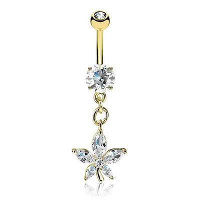 Gold Plated Surgical Steel Dangling Petal Flower White CZ Belly Ring