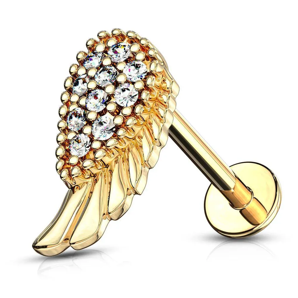 Gold Plated Surgical Steel Internally Threaded Flat Back White CZ Wing Labret