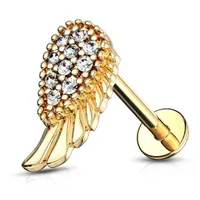 Gold Plated Surgical Steel Internally Threaded Flat Back White CZ Wing Labret