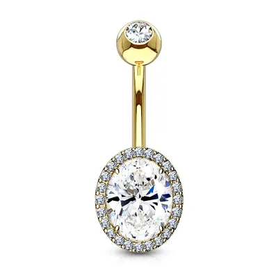 Gold Plated Surgical Steel Oval Pave White CZ Belly Ring