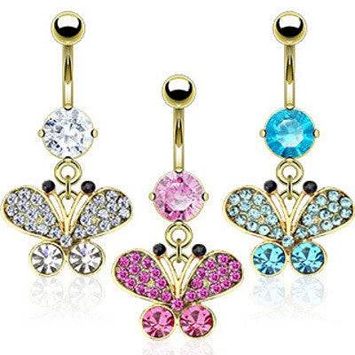Gold Plated Surgical Steel Small CZ Dangle Butterfly Belly Button Navel Ring