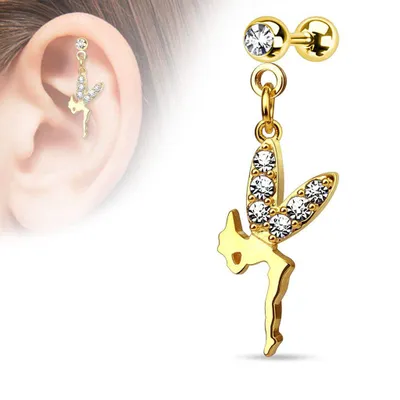 Gold Plated Surgical Steel White CZ Fairy Dangle Ear Cartilage Barbell