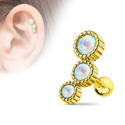 Gold Plated Surgical Steel White Opal 3 Gem Cartilage Ring