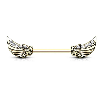 Gold Plated Surgical Steel Wing Nipple Ring with White Gems