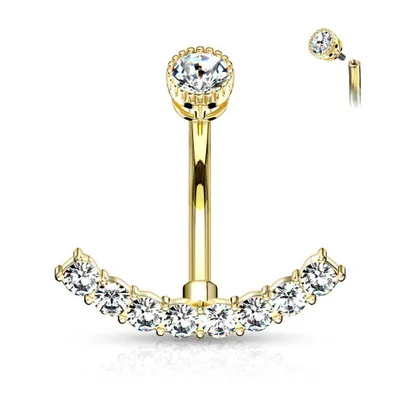 Gold PVD Surgical Steel Internally Threaded Belly Ring with White CZ Curved Bottom