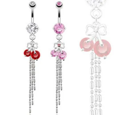 Surgical Steel Belly Button Navel Ring Bar with Dangling CZ Gem Ribbon Cherry