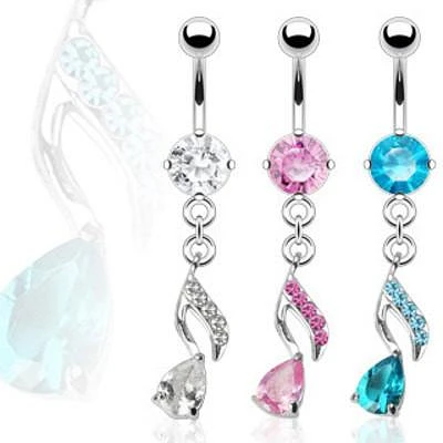 Surgical Steel CZ Gem Music Note Dangle Belly Button Navel Ring