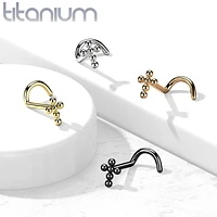 Implant Grade Titanium Gold PVD Corkscrew Beaded Cross Nose Stud Ring