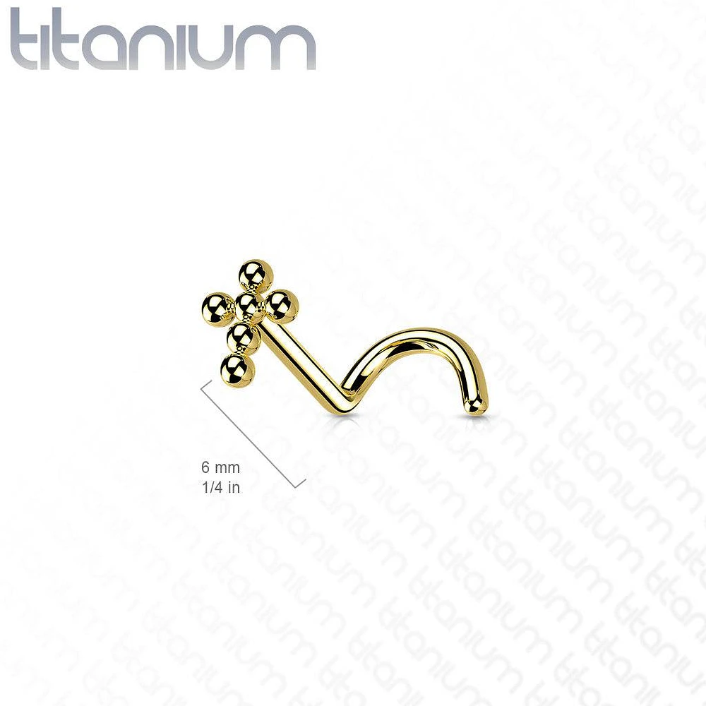 Implant Grade Titanium Rose Gold PVD Corkscrew Beaded Cross Nose Stud Ring
