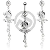 Large Clear CZ Butterfly with Chain Dangle Belly Button Navel Ring
