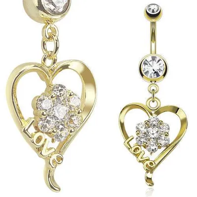 Love Flower & Heart Gold Plated Surgical Steel Dangling Belly Ring