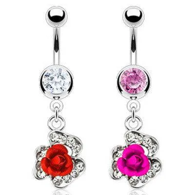 Metal Rose Flower Petal with CZ Rim Belly Button Navel Ring Dangle
