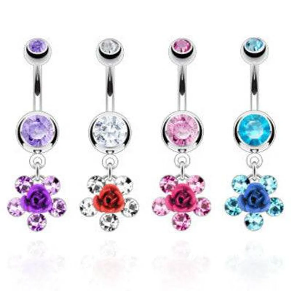 Metal Rose Petal Flower Gem Surgical Steel Belly Button Navel Ring Dangle