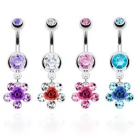 Metal Rose Petal Flower Gem Surgical Steel Belly Button Navel Ring Dangle