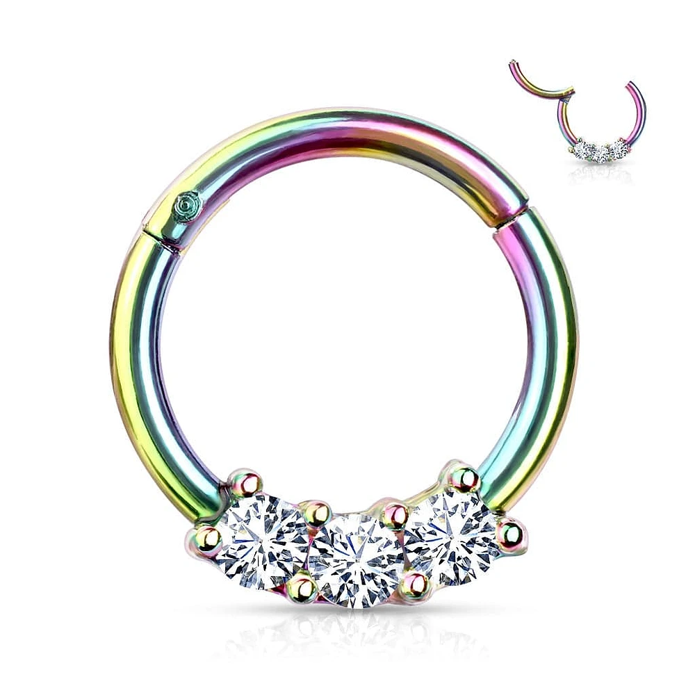 Multi Colour Surgical Steel 3 Gem White CZ Hinged Septum Ring Clicker