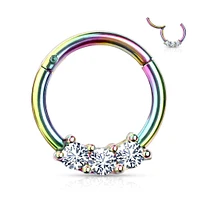 Multi Colour Surgical Steel 3 Gem White CZ Hinged Septum Ring Clicker