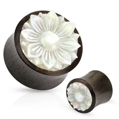 Organic Double Flared Iron Wood With Mother of Pearl Lotus Flower Inlay Ear Plugs